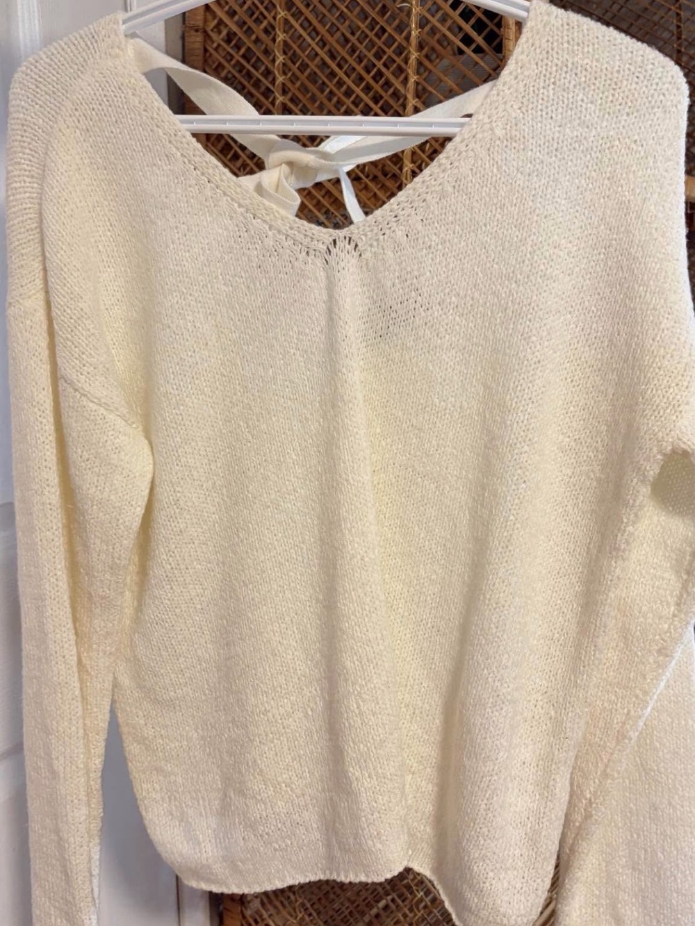 Cream Lightweight Knit Women's Sweater with Back Tie